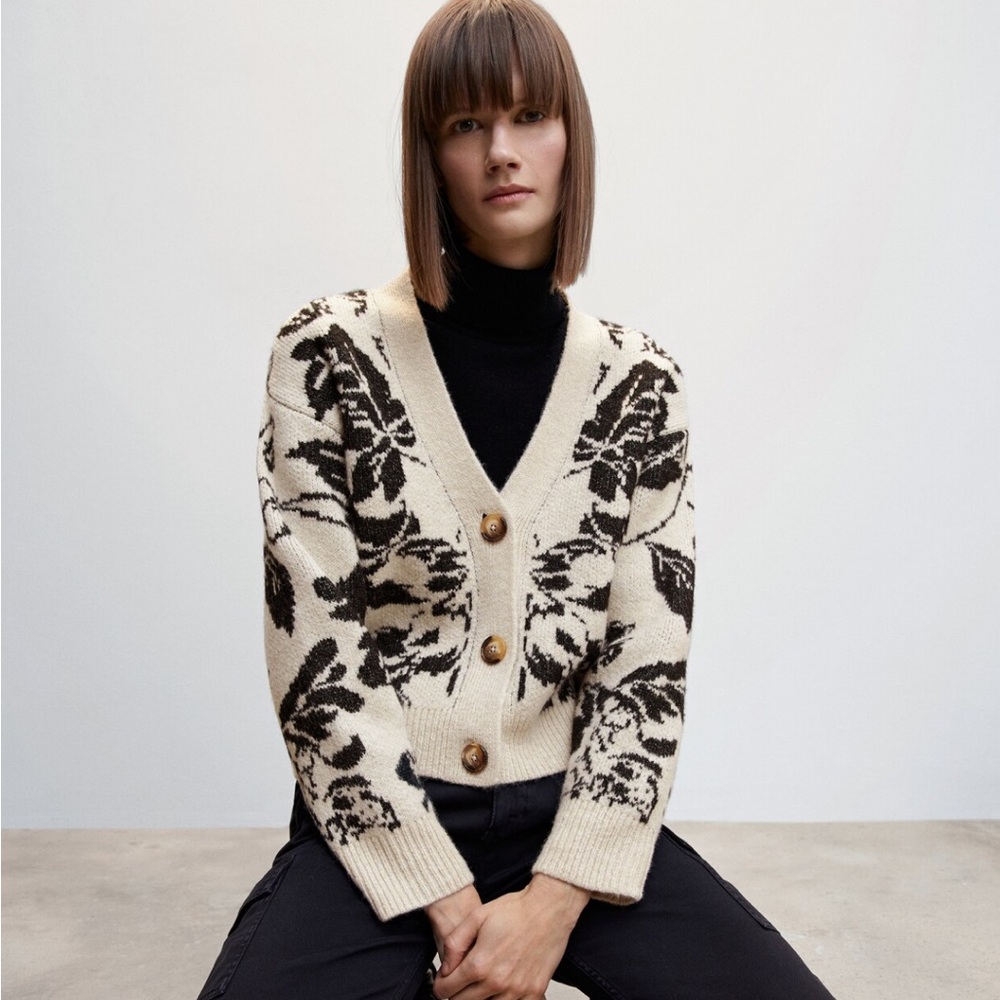 Mango Cream and Black Floral Cardigan